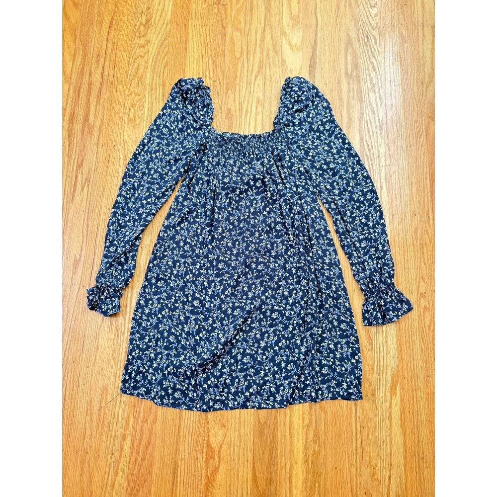REFORMATION Hudsen Navy Blue Floral Print Mini Dress Long Sleeve Womens Size XS